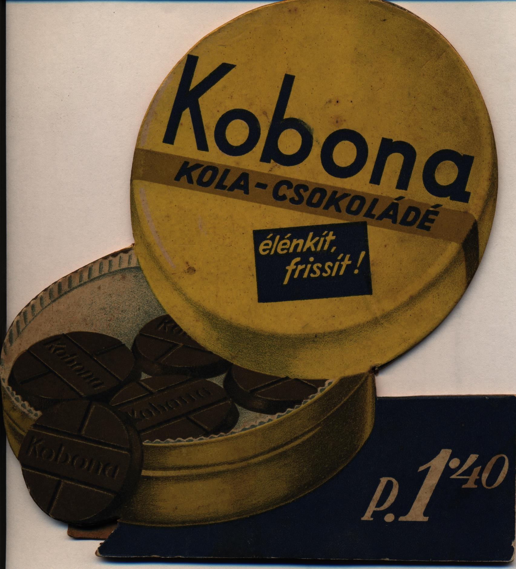 Kobona kola-csokoládé reklámtábla (Magyar Kereskedelmi és Vendéglátóipari Múzeum CC BY-NC-SA)