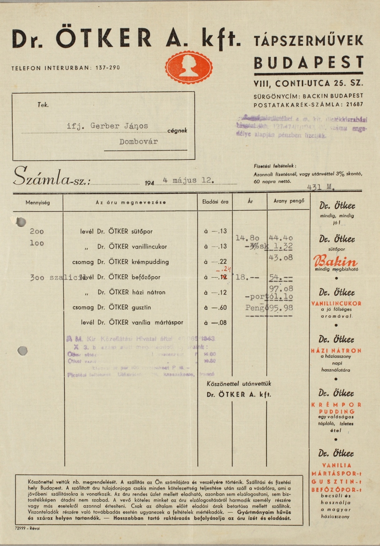 Dr. Oetker fejléces számla (Magyar Kereskedelmi és Vendéglátóipari Múzeum CC BY-NC-SA)