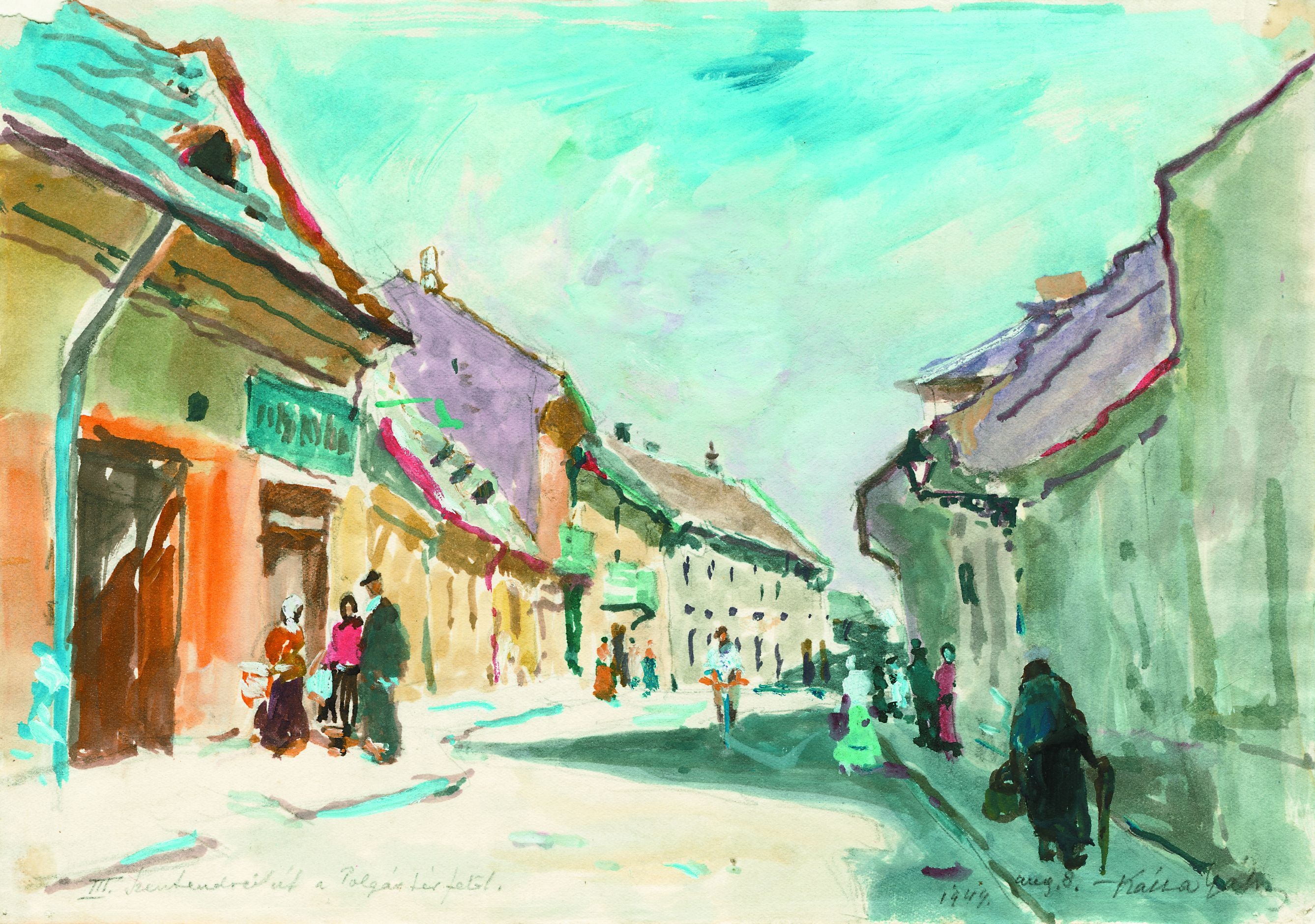 A Szentendrei utat a Polgár tér felől ábrázoló tájkép (Óbudai Múzeum CC BY-NC-SA)