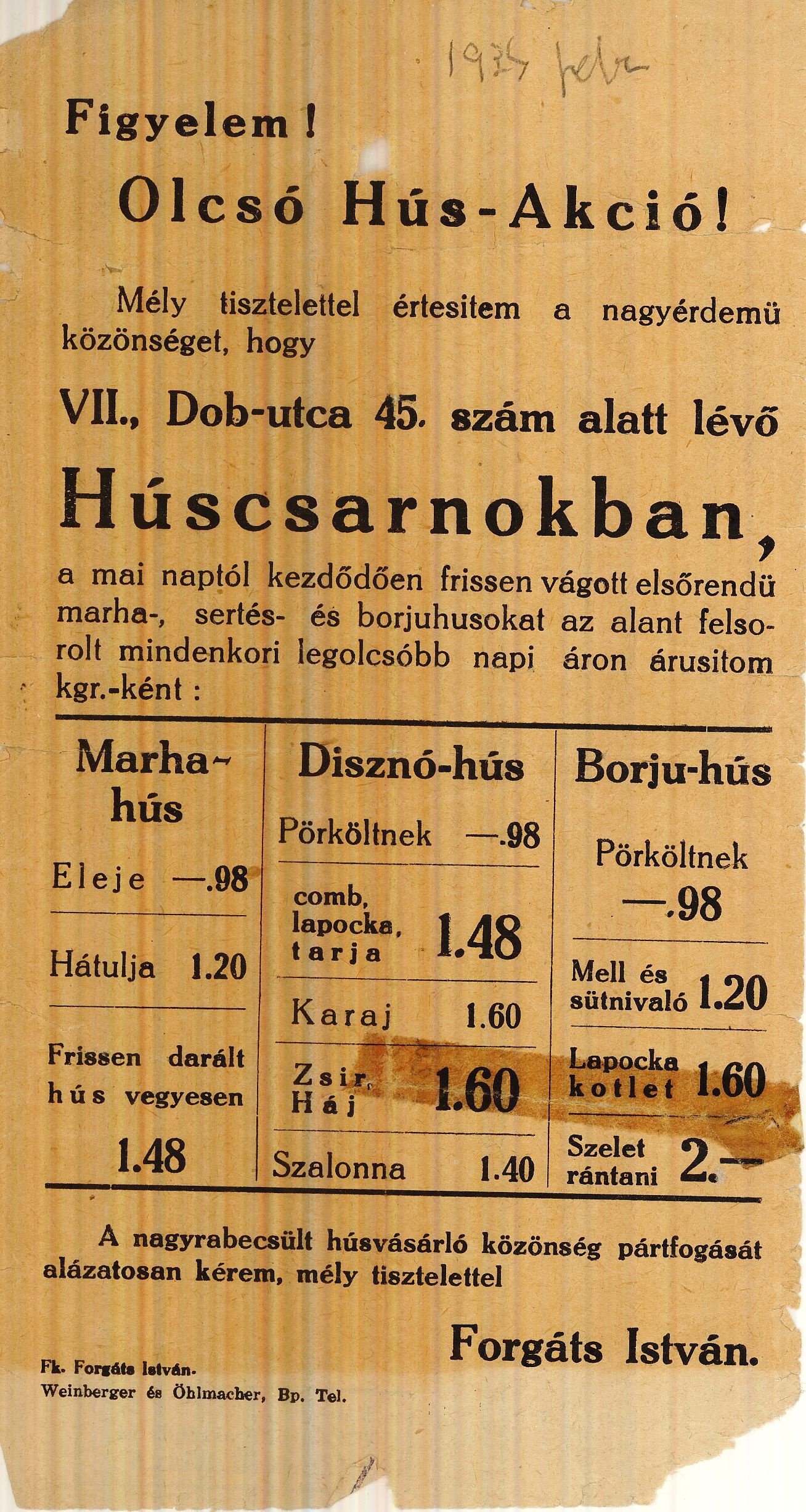 Forgáts István árjegyzék (Magyar Kereskedelmi és Vendéglátóipari Múzeum CC BY-NC-SA)