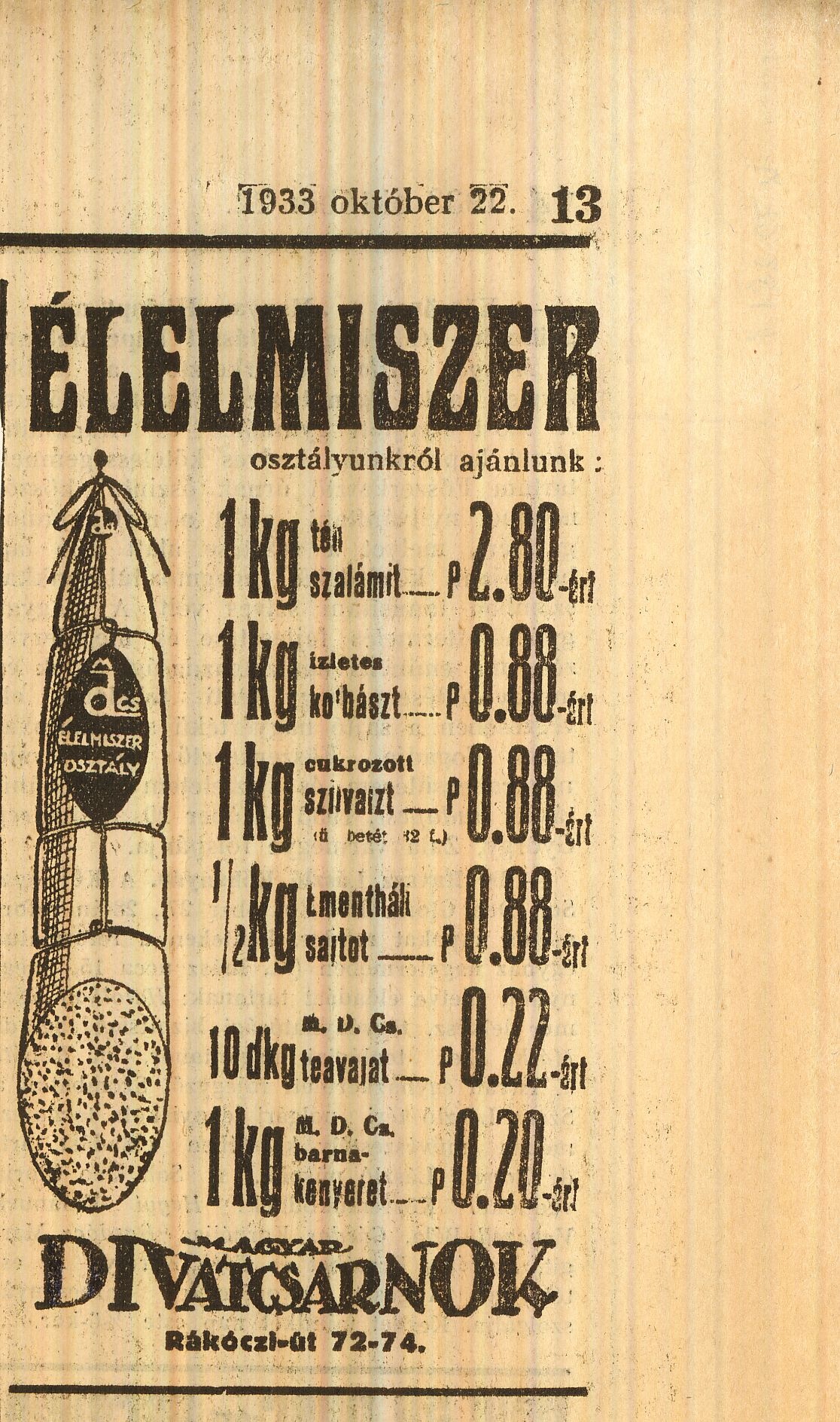 Magyar Divatcsarnok élelmiszer árjegyzék (Magyar Kereskedelmi és Vendéglátóipari Múzeum CC BY-NC-SA)