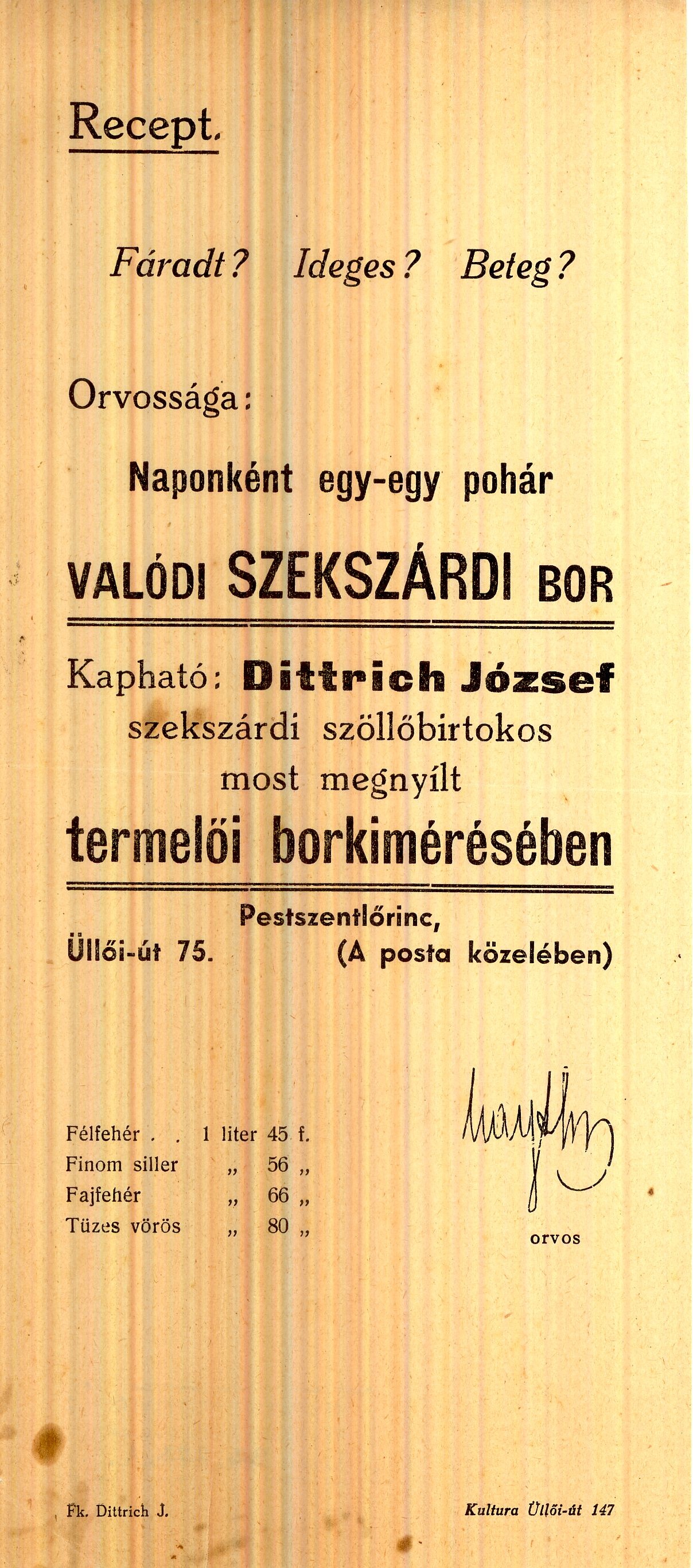 Dittrich József borárjegyzék (Magyar Kereskedelmi és Vendéglátóipari Múzeum CC BY-NC-SA)