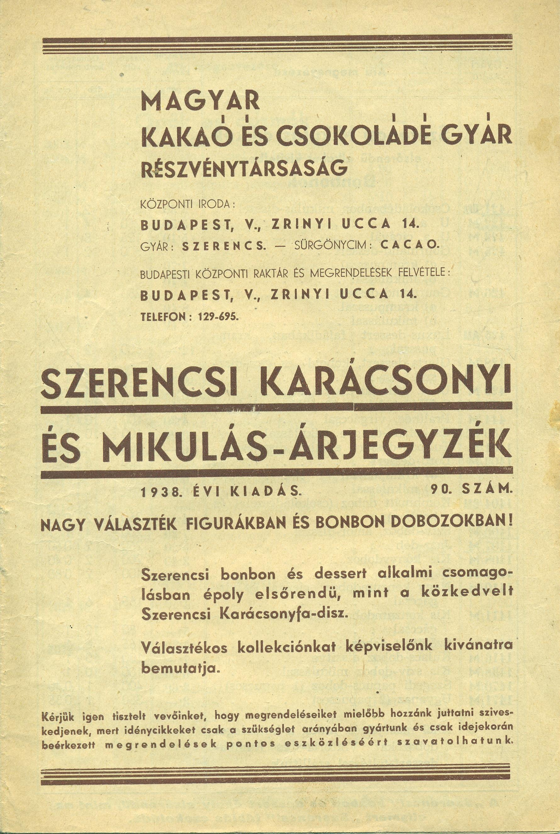 SZERENCSI CSOKOLÁDÉ ÁRJEGYZÉK (Magyar Kereskedelmi és Vendéglátóipari Múzeum CC BY-NC-SA)