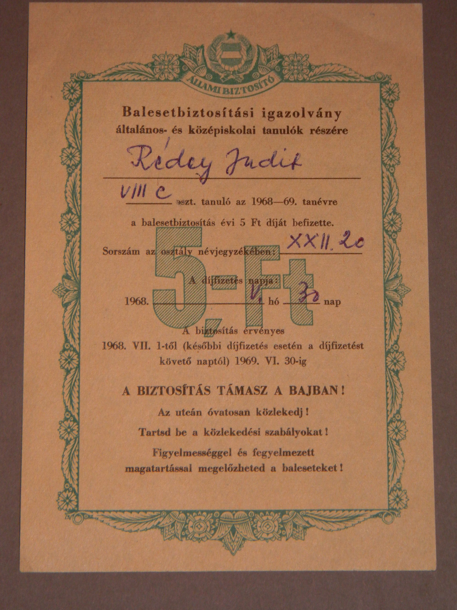 Biztosítási kötvény, igazolvány - balesetbiztosítás (Magyar Kereskedelmi és Vendéglátóipari Múzeum CC BY-NC-SA)