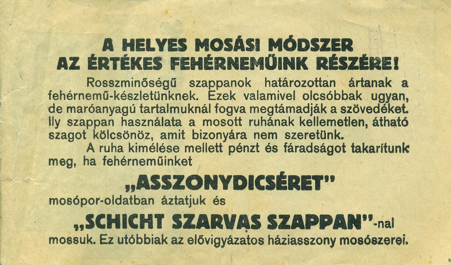 Schicht Kulcs Szappan, Asszonydicséret mosópor (Magyar Kereskedelmi és Vendéglátóipari Múzeum CC BY-NC-SA)