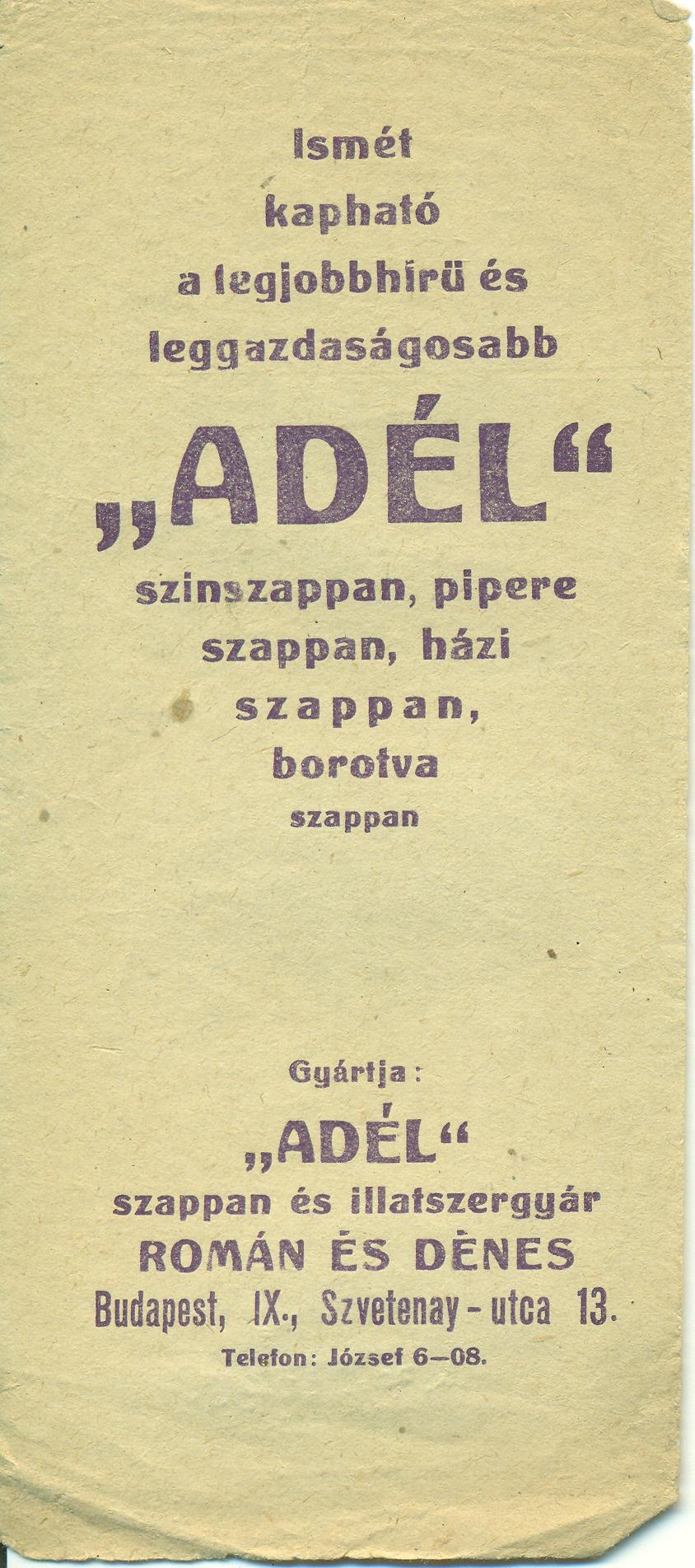"Adél" szappan és illatszergyár (Magyar Kereskedelmi és Vendéglátóipari Múzeum CC BY-NC-SA)
