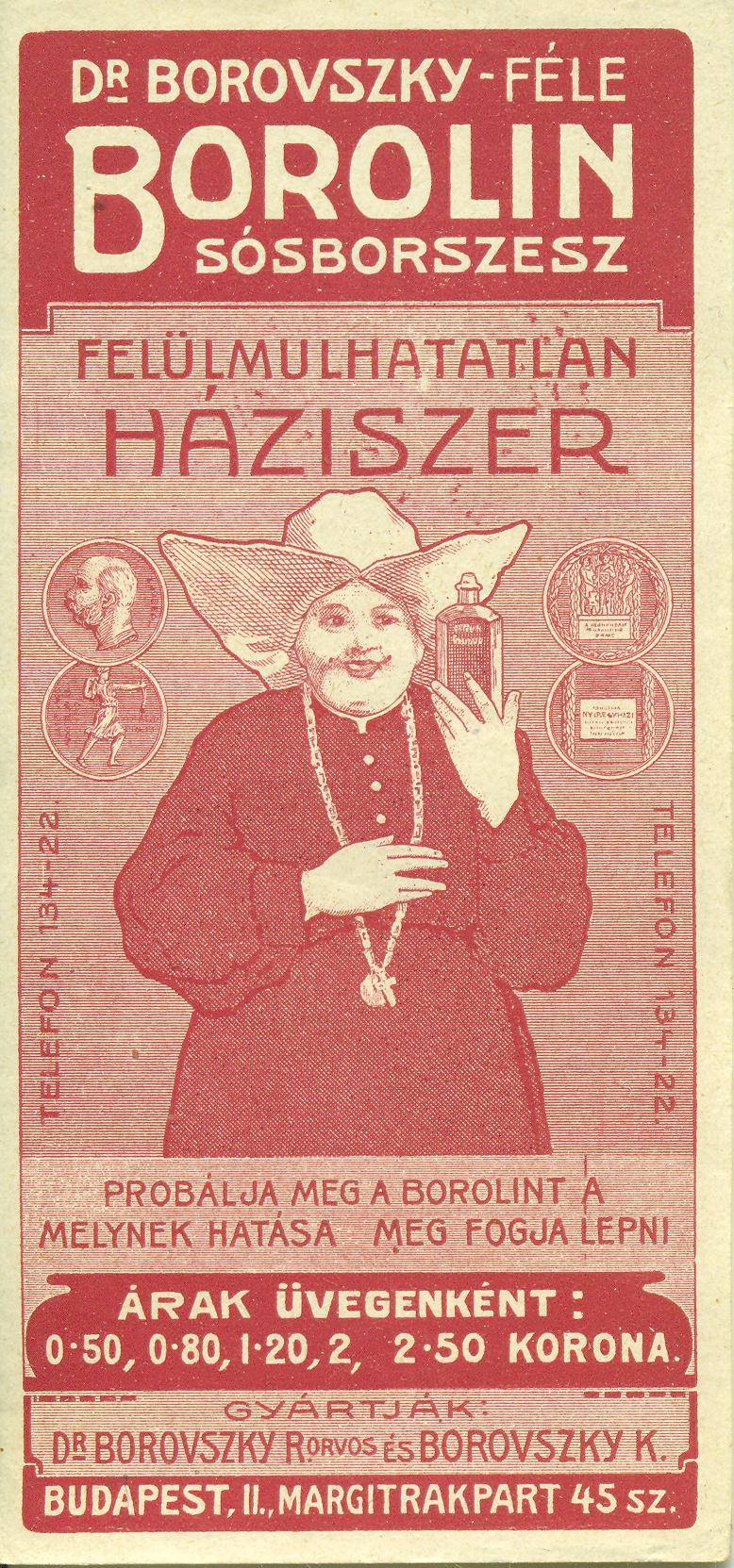 Dr. Borovszky-féle Borolin sósborszesz (Magyar Kereskedelmi és Vendéglátóipari Múzeum CC BY-NC-SA)