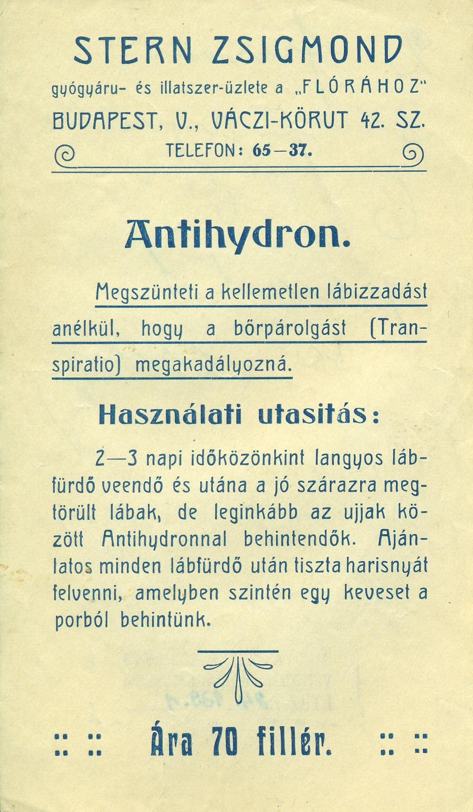 Antihydron lábizzadás-gátló (Magyar Kereskedelmi és Vendéglátóipari Múzeum CC BY-NC-SA)