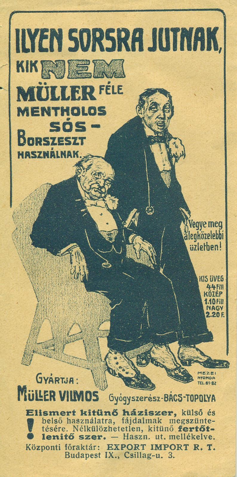 Müller-féle Mentholos Sós-Borszesz (Magyar Kereskedelmi és Vendéglátóipari Múzeum CC BY-NC-SA)