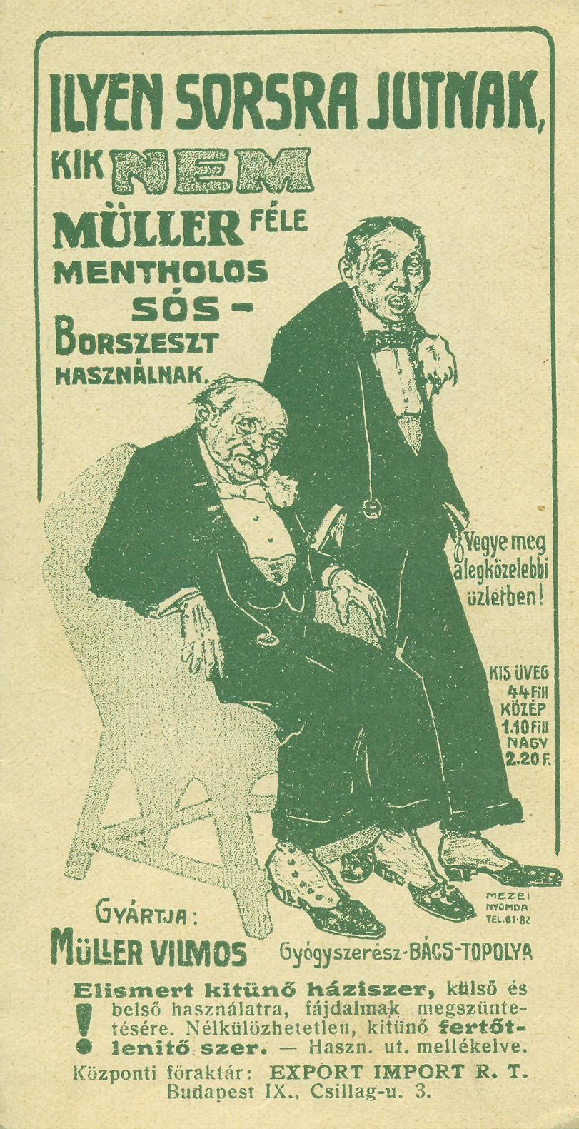 Müller-féle Mentholos Sós-Borszesz (Magyar Kereskedelmi és Vendéglátóipari Múzeum CC BY-NC-SA)
