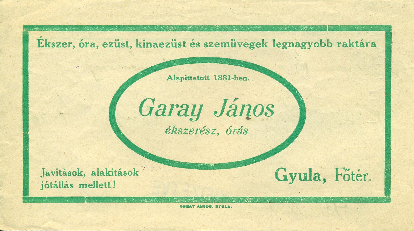 Garay János ékszerész, órás, látszerész (Magyar Kereskedelmi és Vendéglátóipari Múzeum CC BY-NC-SA)