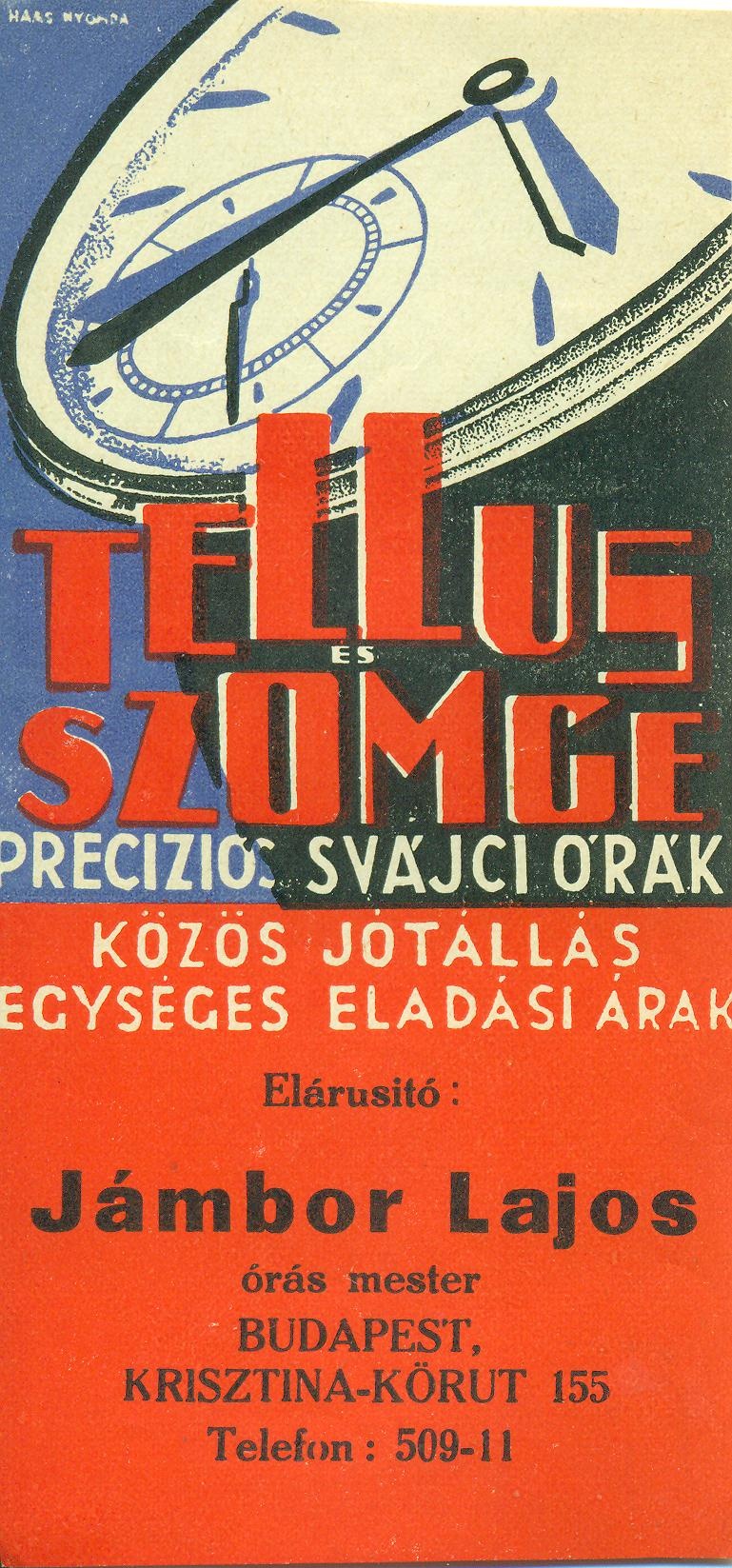TELLUS ÉS SZOMGE PRECÍZIÓS SVÁJCI ÓRÁK (Magyar Kereskedelmi és Vendéglátóipari Múzeum CC BY-NC-SA)