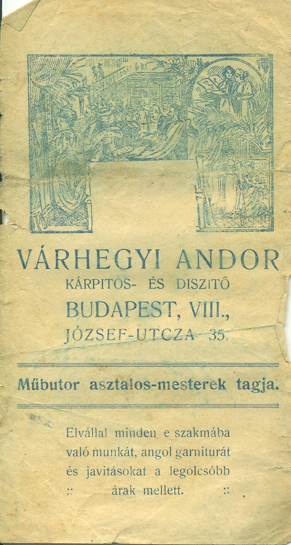 VÁRHEGYI ANDOR KÁRPITOS- ÉS DISZITŐ (Magyar Kereskedelmi és Vendéglátóipari Múzeum CC BY-NC-SA)
