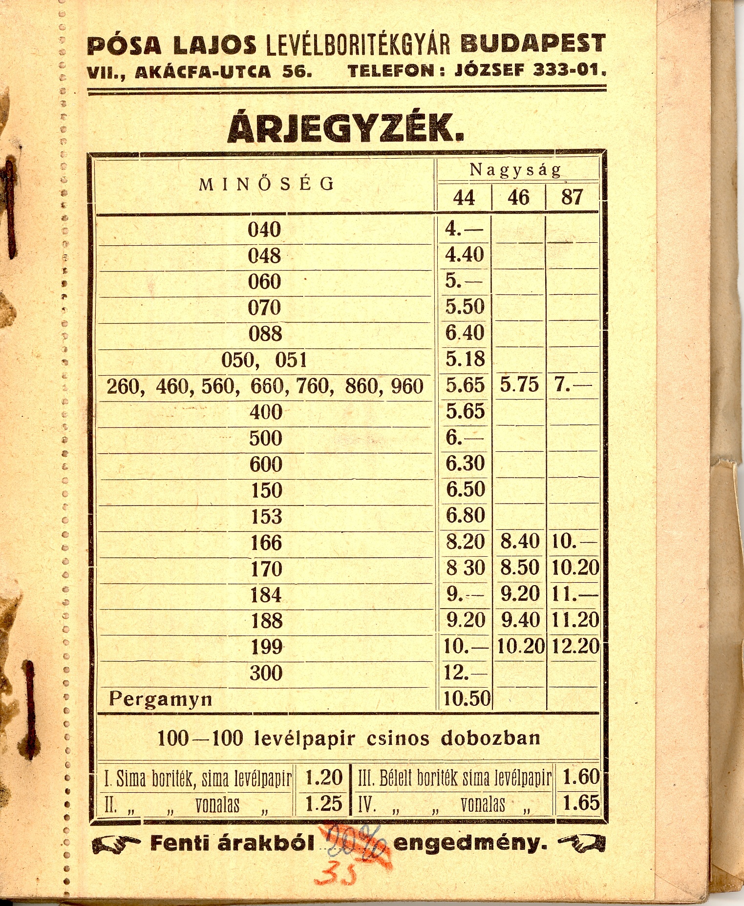 Árjegyzék (Magyar Kereskedelmi és Vendéglátóipari Múzeum CC BY-NC-SA)