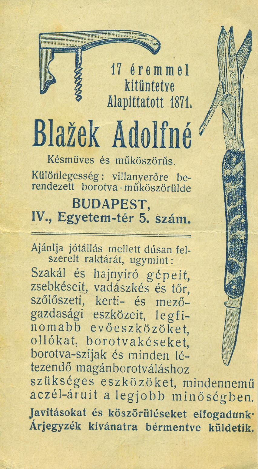 Blazek Adolfné, Késműves és műköszörűs (Magyar Kereskedelmi és Vendéglátóipari Múzeum CC BY-NC-SA)