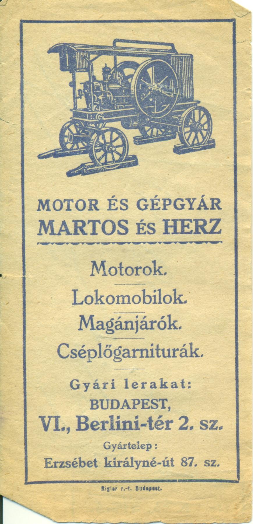 MARTOS ÉS HERZ MOTOR ÉS GÉPGYÁR (Magyar Kereskedelmi és Vendéglátóipari Múzeum CC BY-NC-SA)