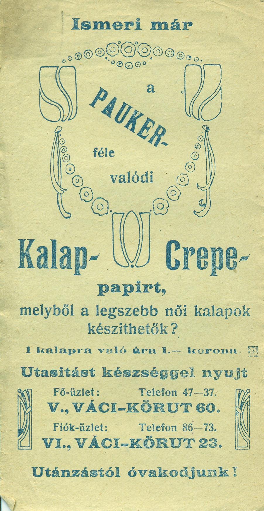 PAUKER-féle valódi Kalap- Crepe-papír (Magyar Kereskedelmi és Vendéglátóipari Múzeum CC BY-NC-SA)