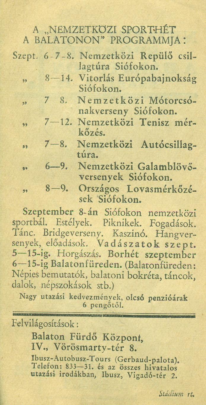NEMZETKÖZI SPORTHÉT A BALATONON Szept. 5-15. (Magyar Kereskedelmi és Vendéglátóipari Múzeum CC BY-NC-SA)