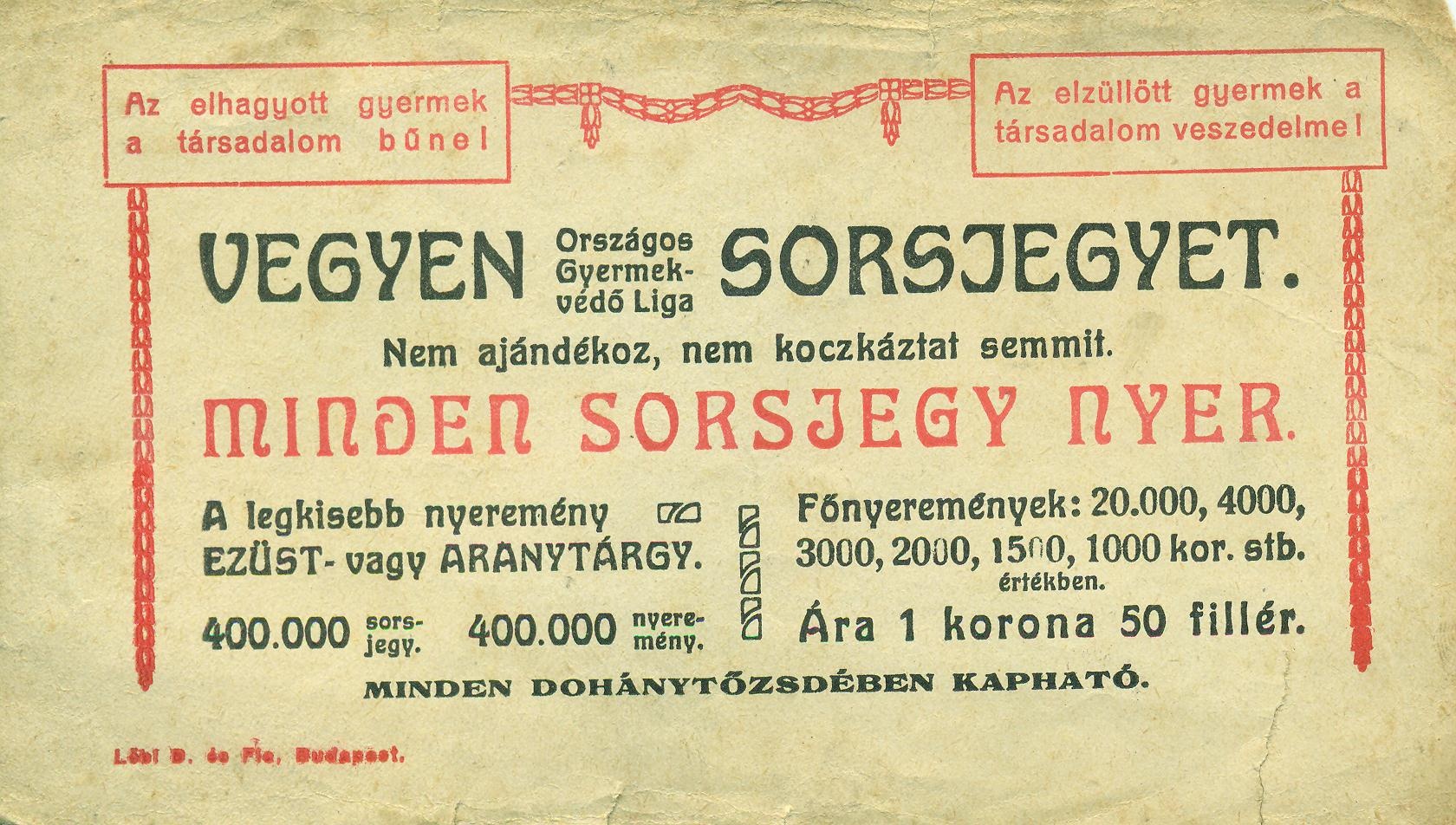 ORSZÁGOS GYERMEKVÉDŐ LIGA sorsjegye (Magyar Kereskedelmi és Vendéglátóipari Múzeum CC BY-NC-SA)