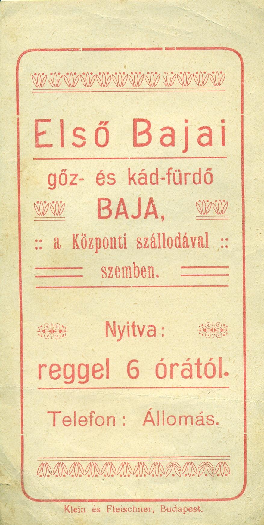 Első Bajai gőz - és kád-fürdő (Magyar Kereskedelmi és Vendéglátóipari Múzeum CC BY-NC-SA)