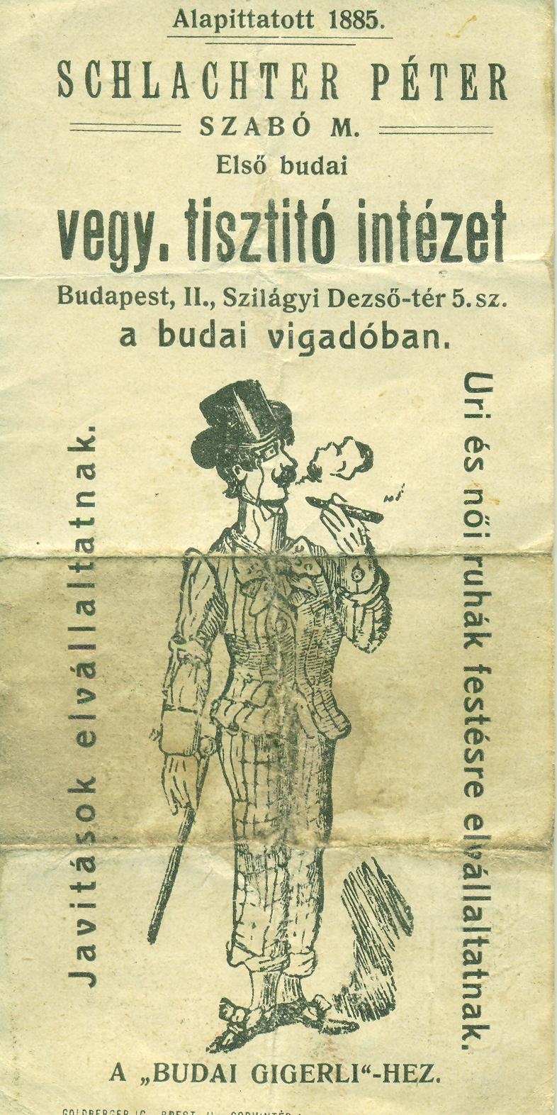 SCHLACHTER PÉTER SZABÓ M. Első budai vegy. tisztító intézet (Magyar Kereskedelmi és Vendéglátóipari Múzeum CC BY-NC-SA)