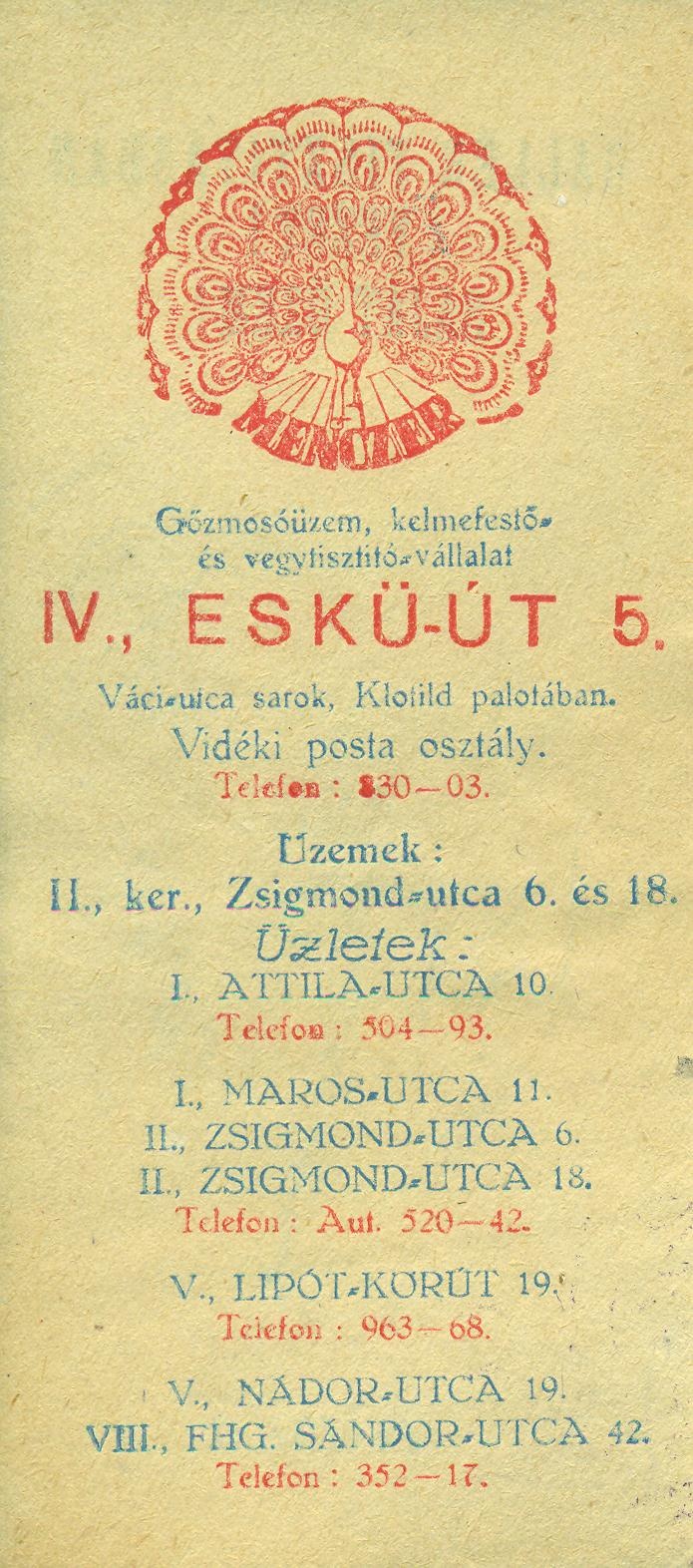 MENCZER vegytisztítás és kelmefestés (Magyar Kereskedelmi és Vendéglátóipari Múzeum CC BY-NC-SA)