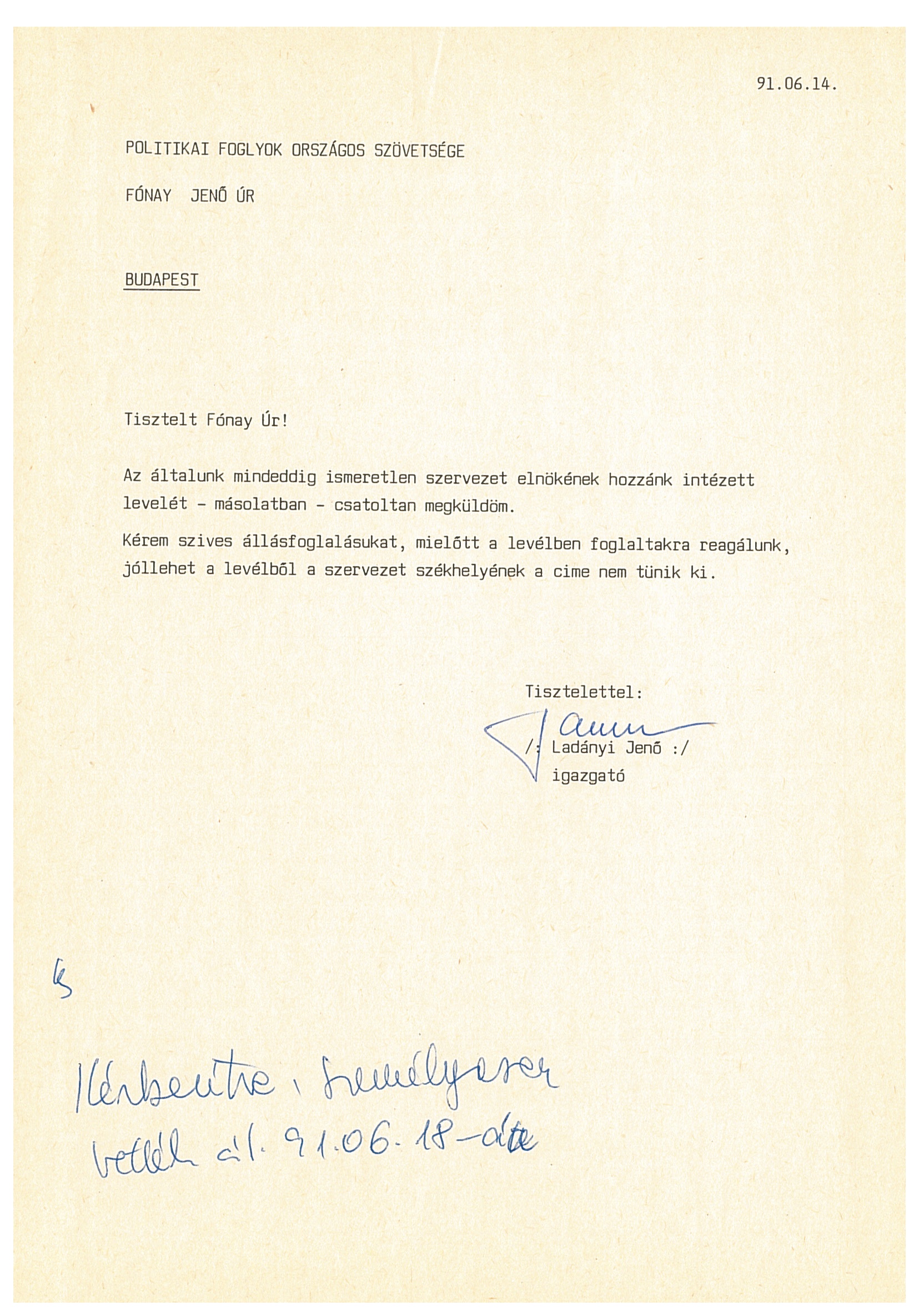 Ladányi Jenő levele a Politikai Foglyok Országos Szövetségének (Nemzeti Örökség Intézete – Kegyeleti Múzeum CC BY-NC-SA)