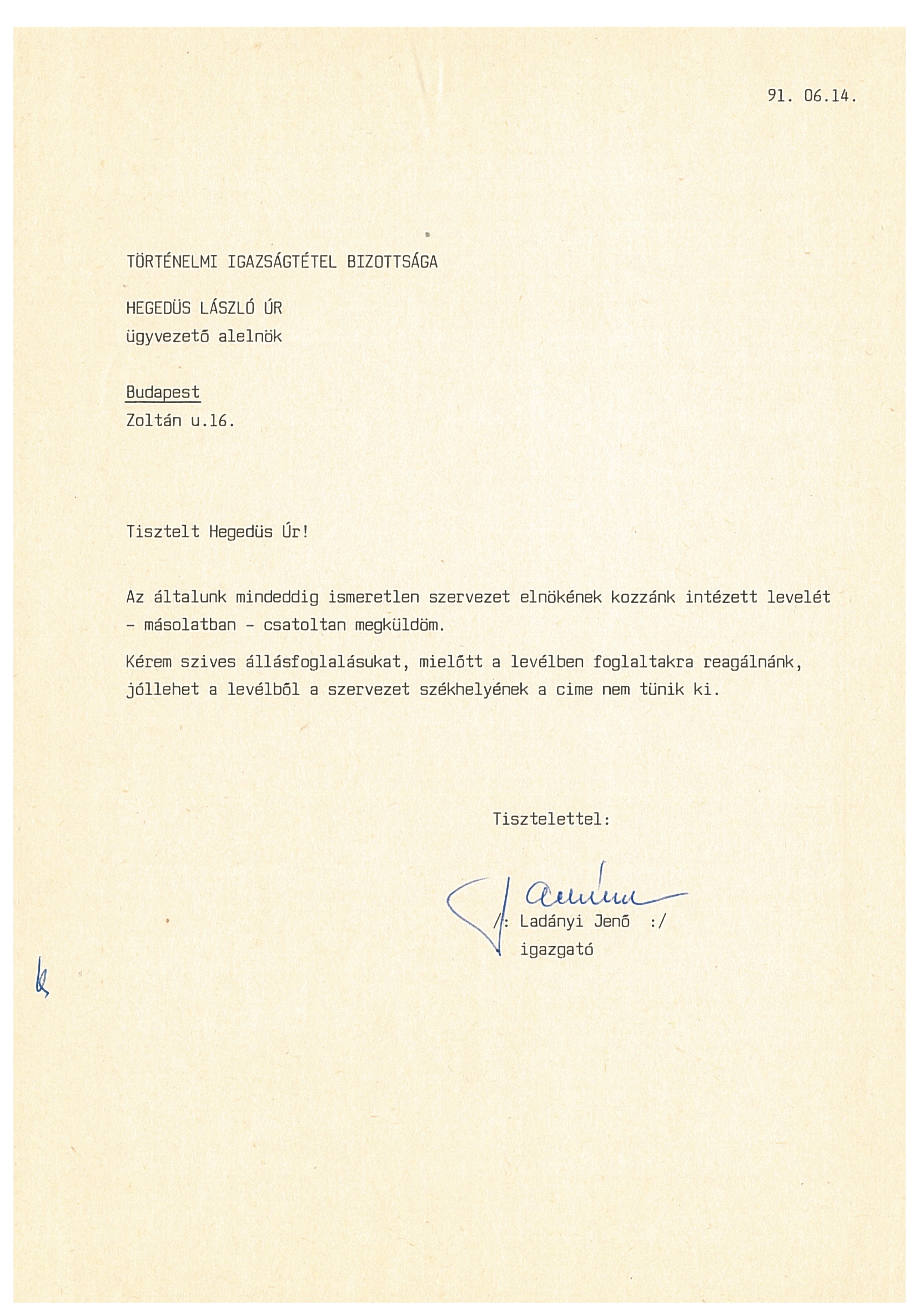 Ladányi Jenő válaszlevele (Nemzeti Örökség Intézete – Kegyeleti Múzeum CC BY-NC-SA)