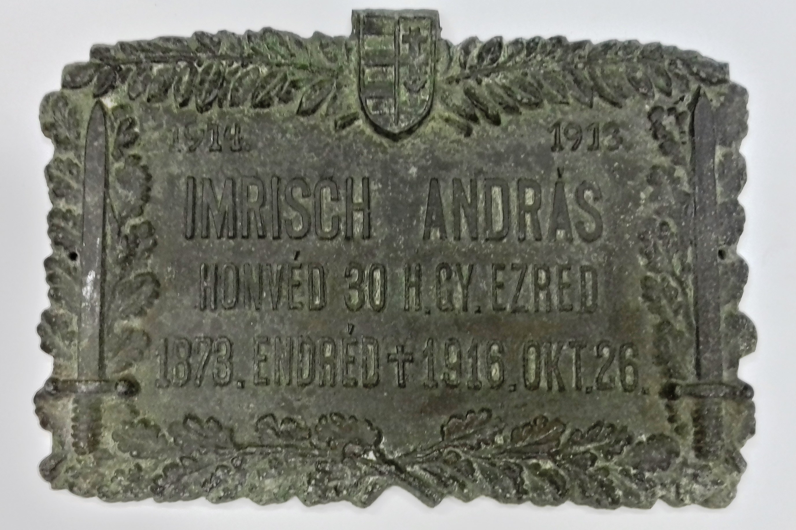 Sírjel névtábla - Imrisch András (Nemzeti Örökség Intézete – Kegyeleti Múzeum CC BY-NC-SA)