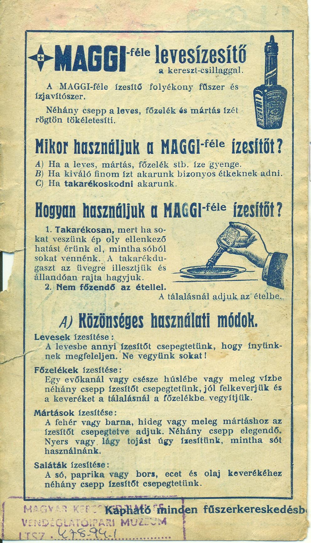 Maggi-féle levesízesítő számolócédula (Magyar Kereskedelmi és Vendéglátóipari Múzeum CC BY-NC-SA)