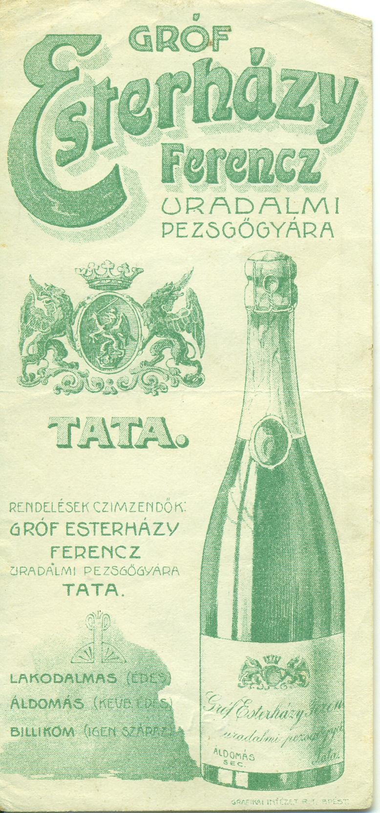 Gróf Esterházy Ferenc Tatai Pezsgőgyár számolócédula (Magyar Kereskedelmi és Vendéglátóipari Múzeum CC BY-NC-SA)