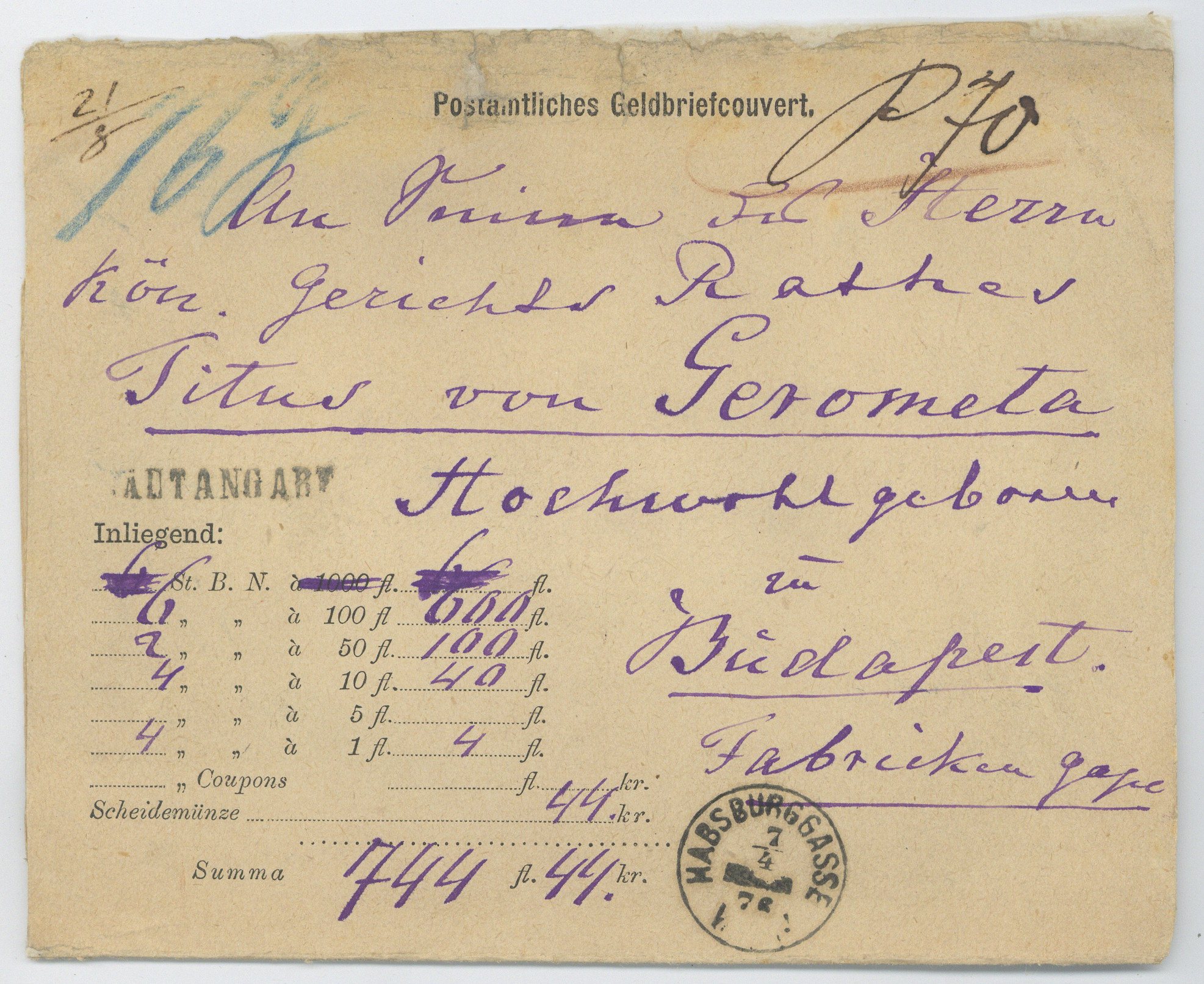 Viaszpecsétes, pénzes levélboríték (Postamúzeum CC BY-NC-SA)