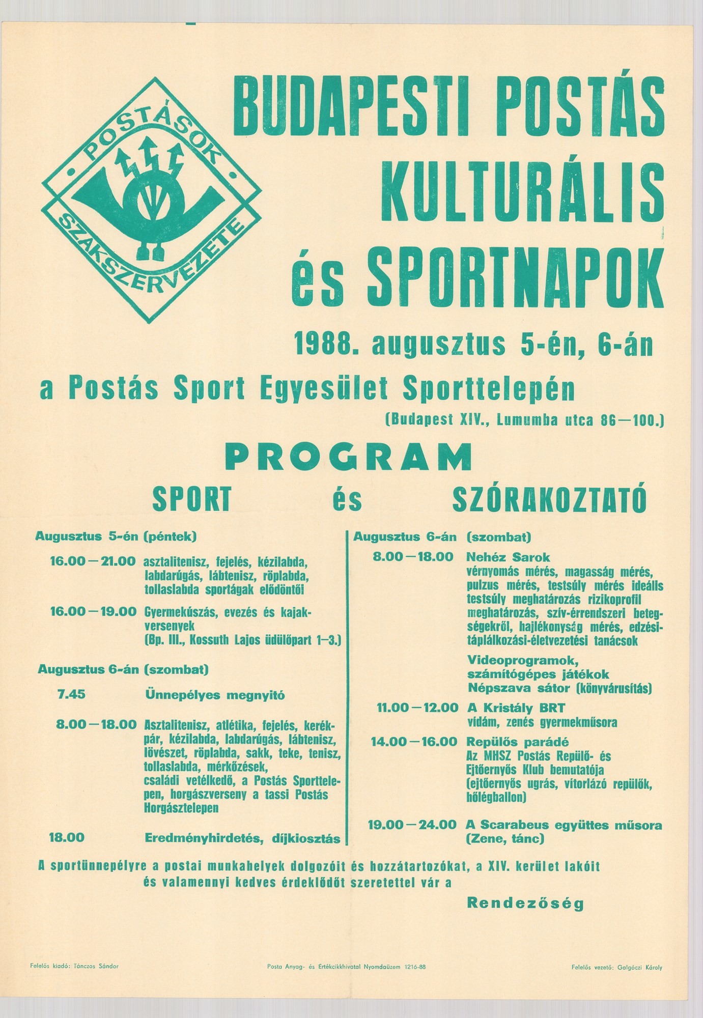 Plakát - Budapesti Postás Kulturális és Sportnapok, 1988 (Postamúzeum CC BY-NC-SA)