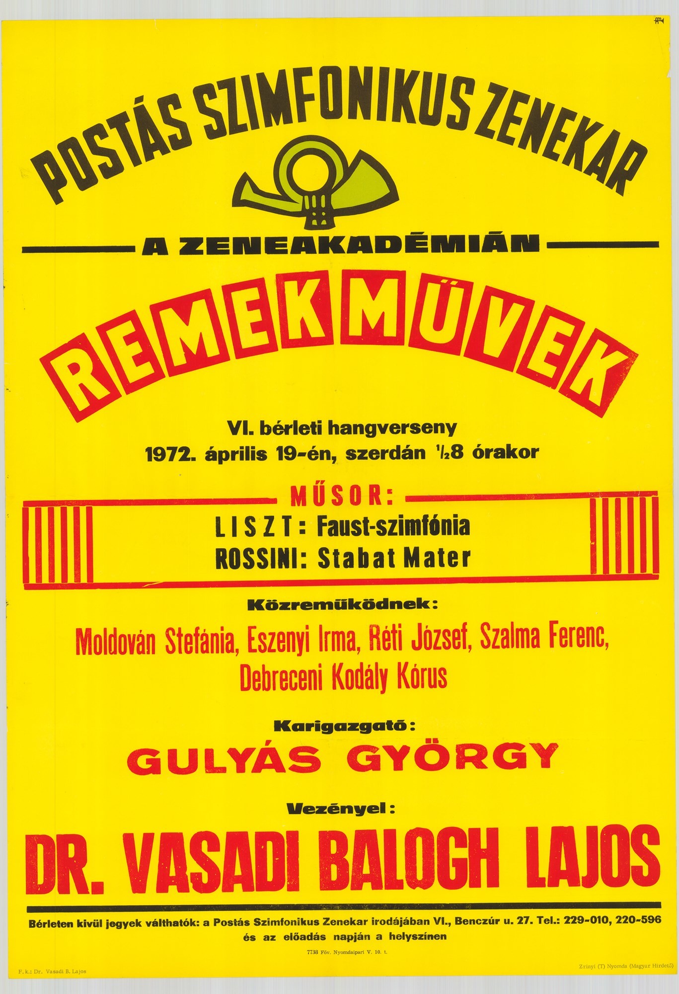 Plakát - Postás Szimfonikus Zenekar a Zeneakadémián, Remekművek, 1972 (Postamúzeum CC BY-NC-SA)