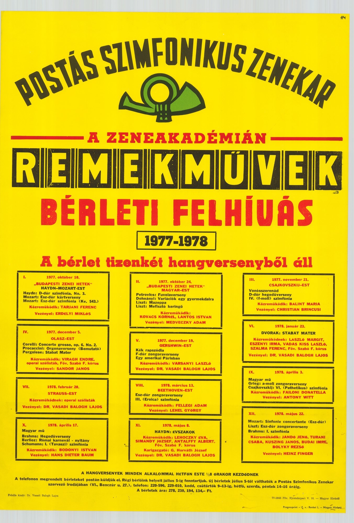 Plakát - Postás Szimfonikus Zenekar a Zeneakadémián, Remekművek, Bérleti felhívás 1977-1978 (Postamúzeum CC BY-NC-SA)