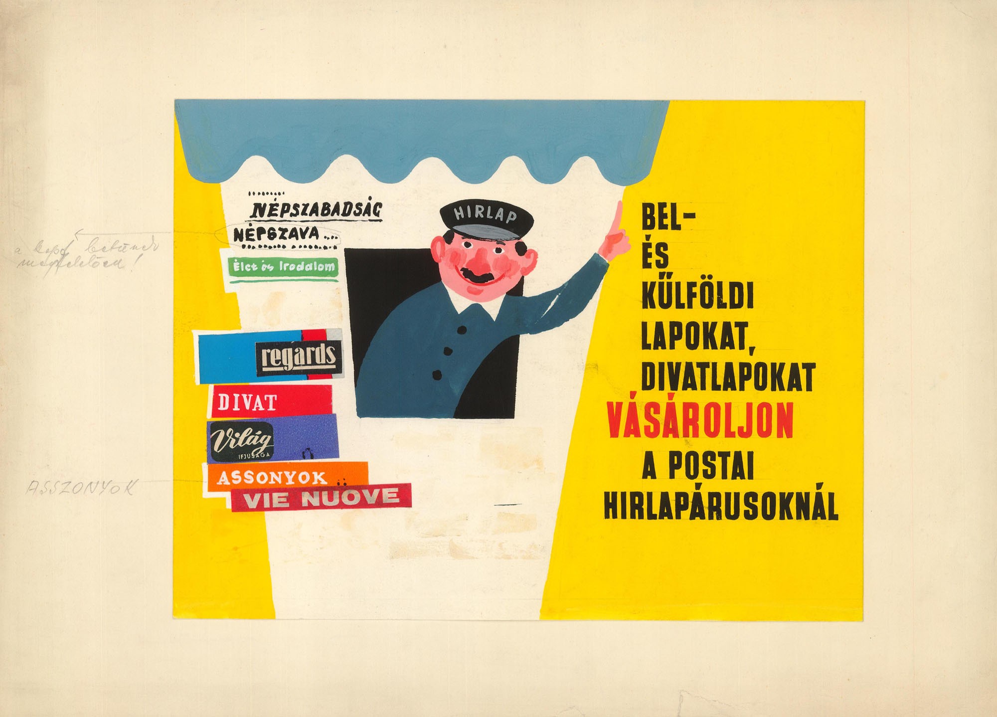 Postai szolgáltatásokat népszerűsítő plakát vagy egyéb kiadvány terve. (Postamúzeum CC BY-NC-SA)