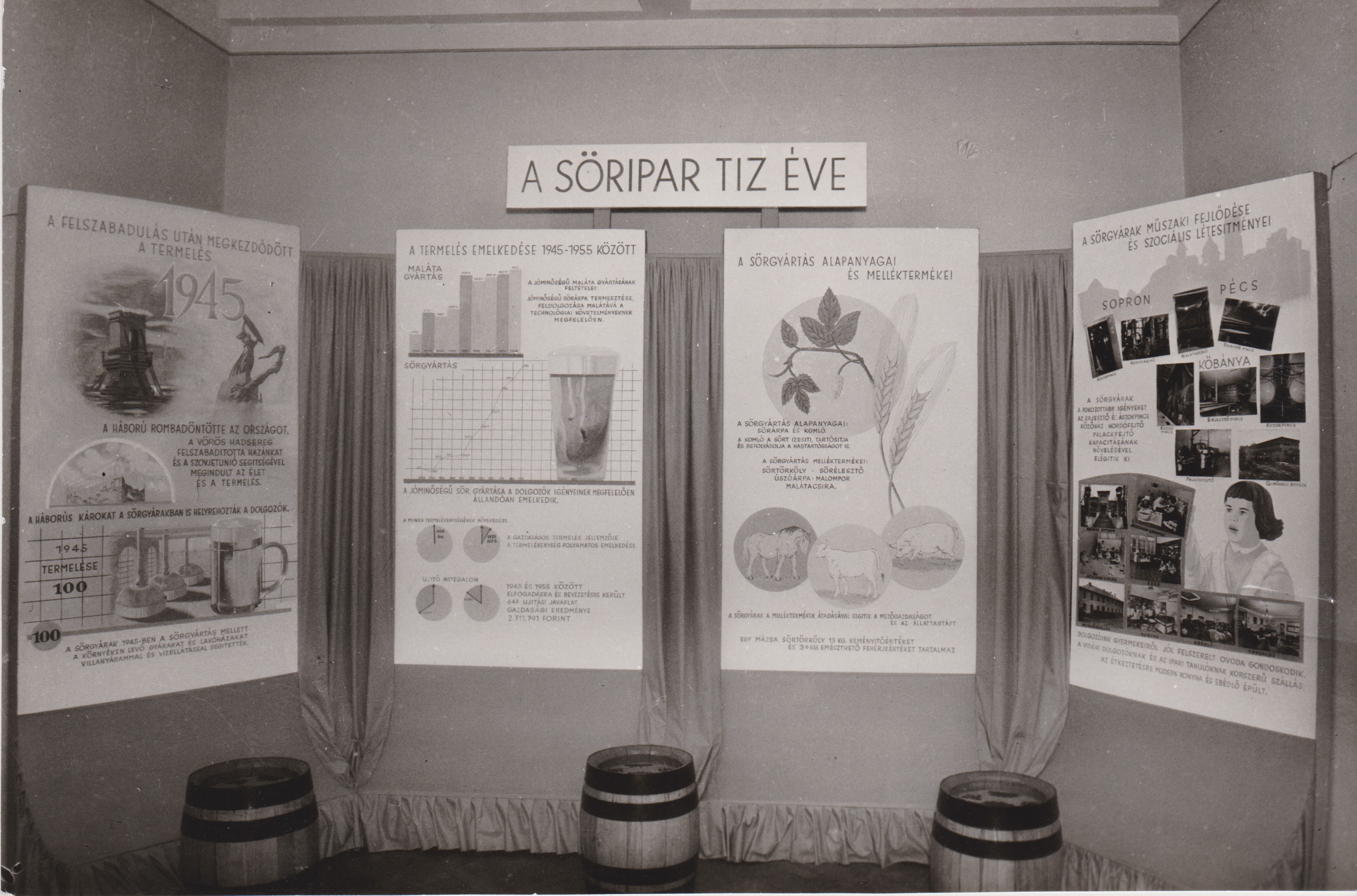 Fénykép - Az élelmiszeripar fejlődése az államosítás óta kiállítás tablói, 1955 (Dreher Sörgyárak - Dreher Sörmúzeum CC BY-NC-SA)