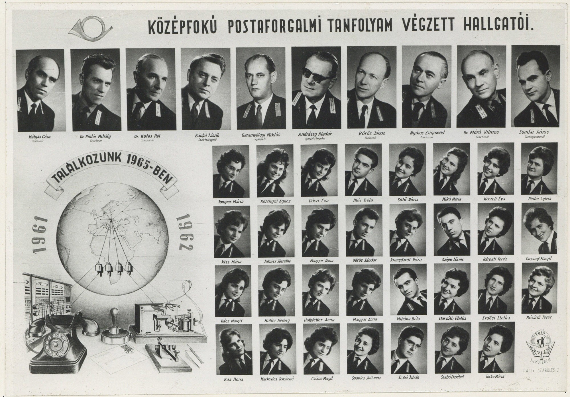Középfokú postaforgalmi tanfolyam tablóképe Pécsről, 1962 (Postamúzeum CC BY-NC-SA)