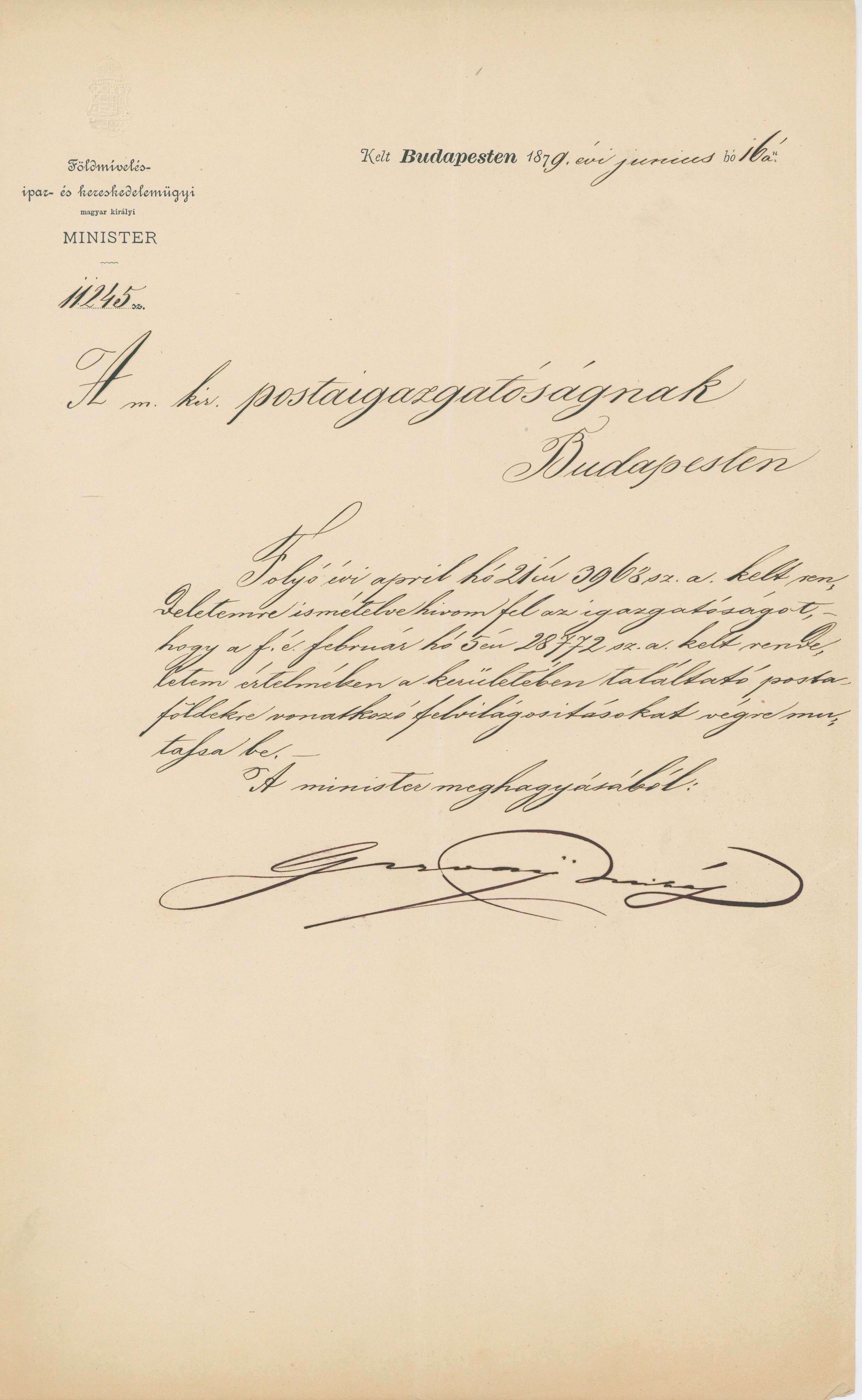 Miniszteri rendelet (Postamúzeum CC BY-NC-SA)
