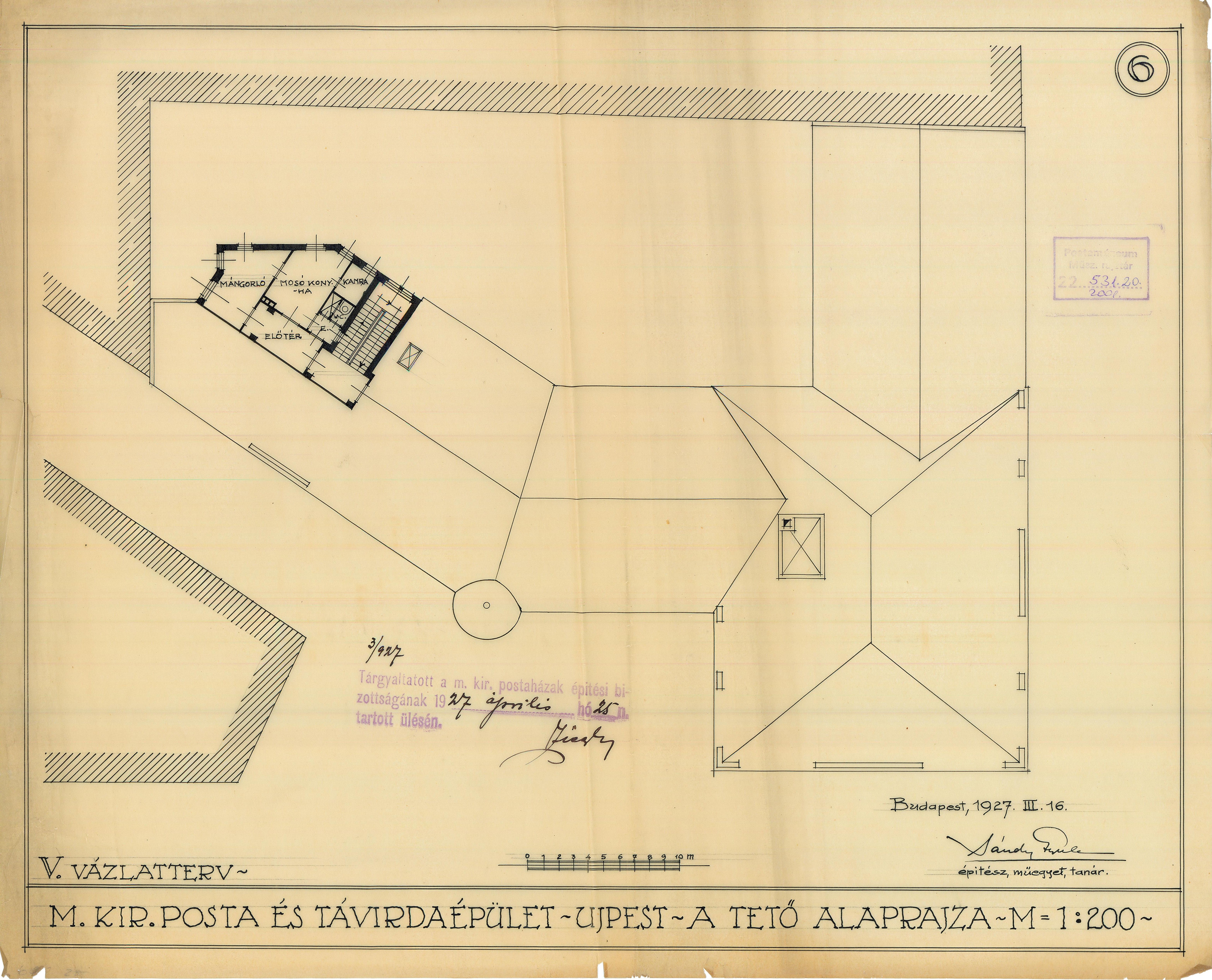 Műszaki rajz - M. Kir. Posta és Távírdaépület Újpest. A tető alaprajza (V.) (Postamúzeum CC BY-NC-SA)