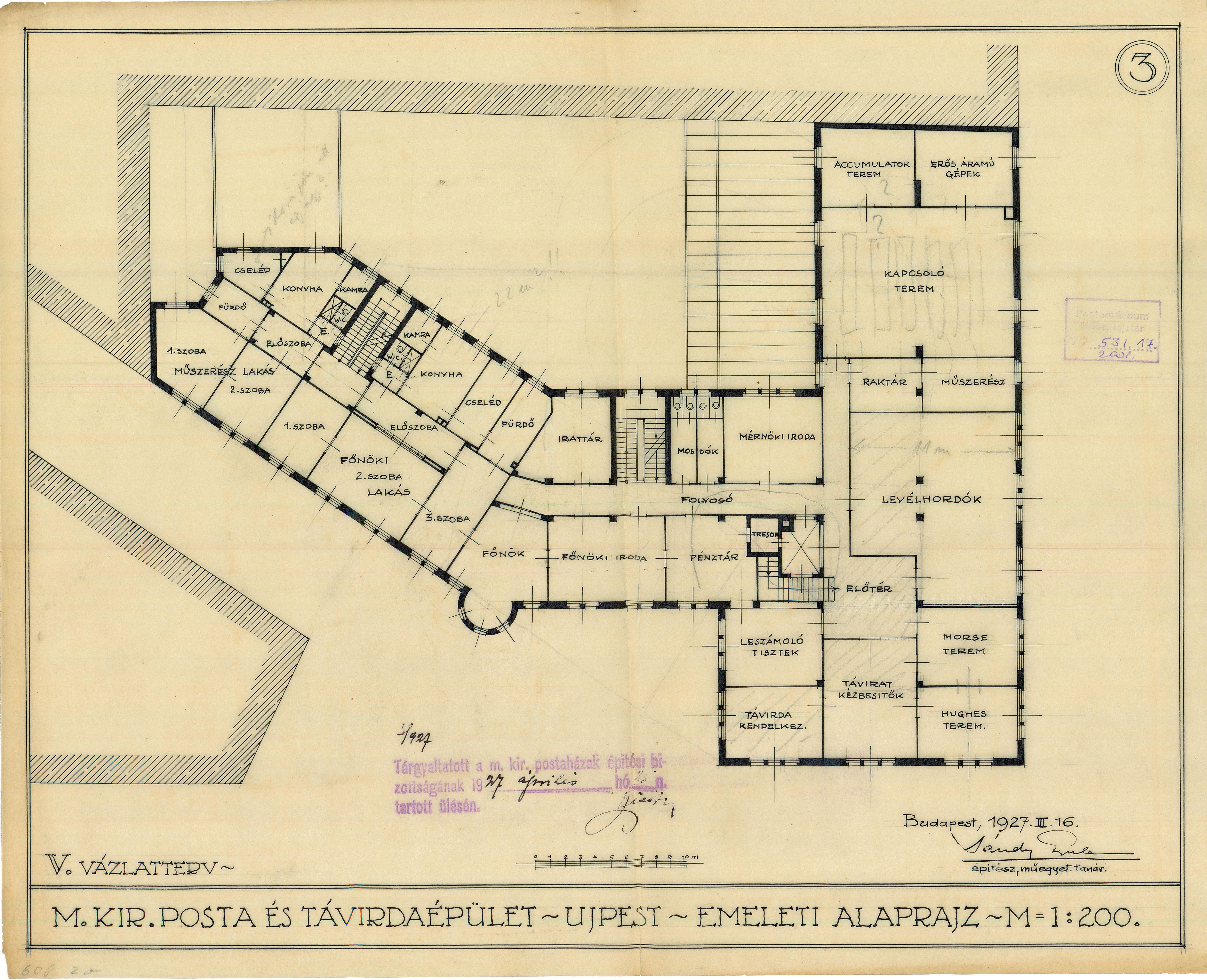 Műszaki rajz - M. Kir. Posta és Távírdaépület Újpest. Emeleti alaprajz (V.) (Postamúzeum CC BY-NC-SA)