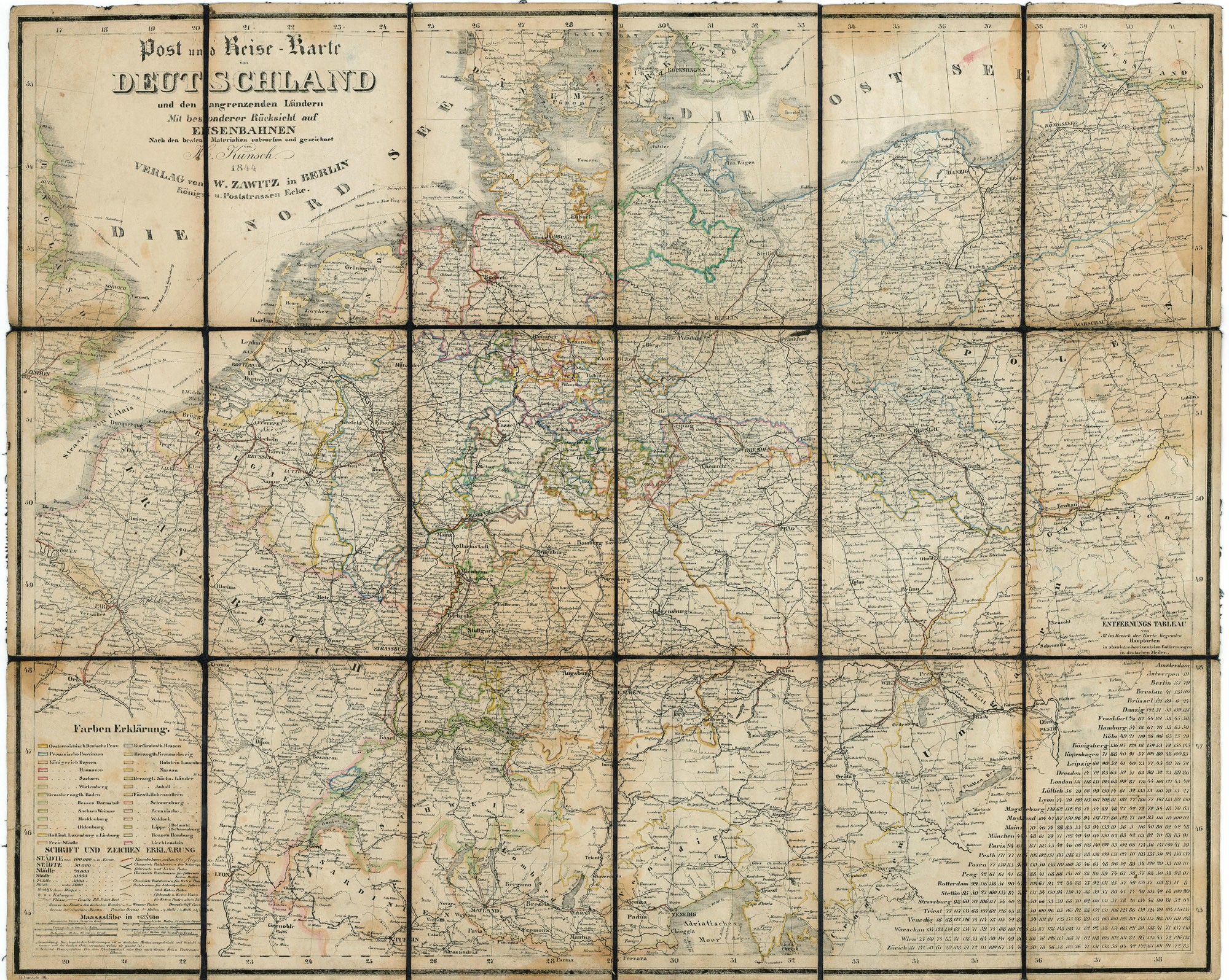 Post und Reise-Karte von Deutschland und den angrenzenden Ländern. Mit besonderer Rücksicht auf Eisenbahnem (Postamúzeum CC BY-NC-SA)