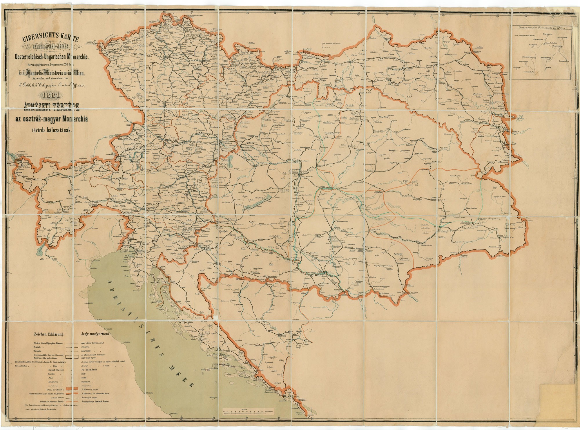 Az Osztrák-Magyar Monarchia távírdahálózatának átnézeti térképe (Postamúzeum CC BY-NC-SA)