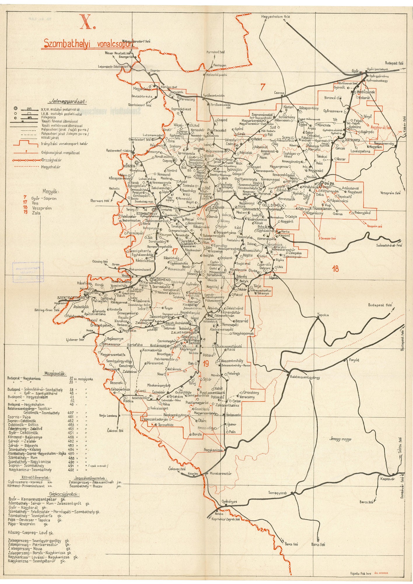 Magyarország postajárati térképe vonalcsoportok szerint, 12 részben – Szombathelyi vonalcsoport (Postamúzeum CC BY-NC-SA)