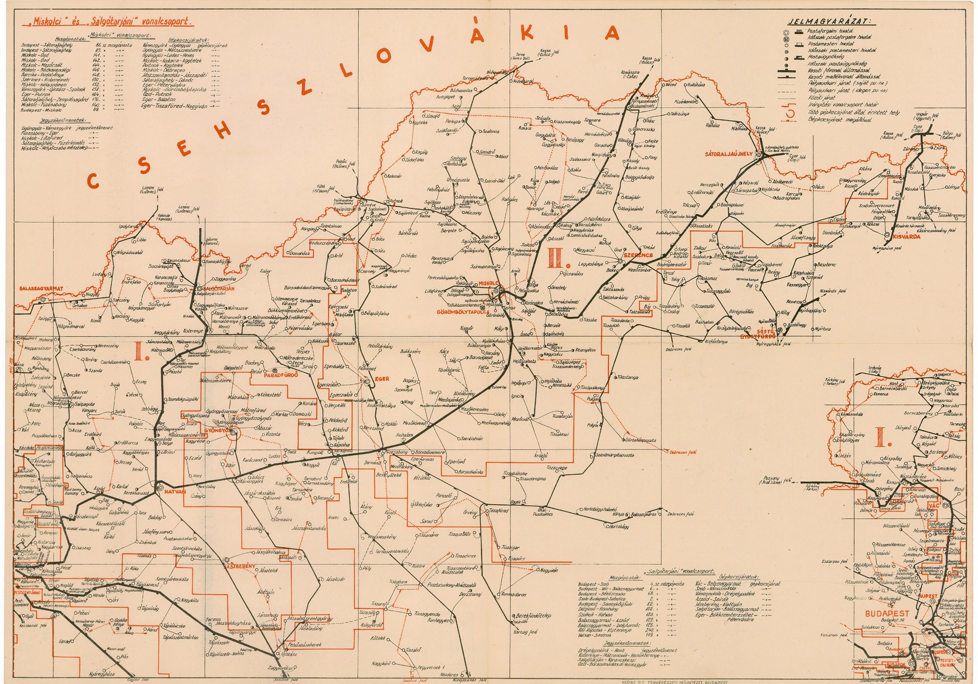 Salgótarjáni (rövidítve "Tarjáni") és miskolci vonalcsoport postajárati térképe (Postamúzeum CC BY-NC-SA)