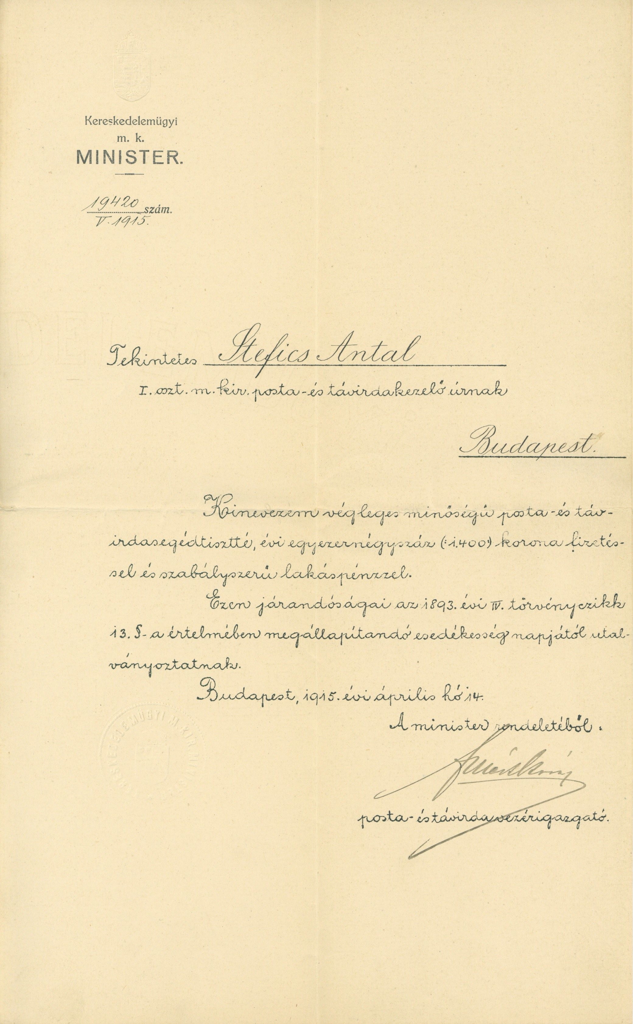 Kinevezési levél (Postamúzeum CC BY-NC-SA)