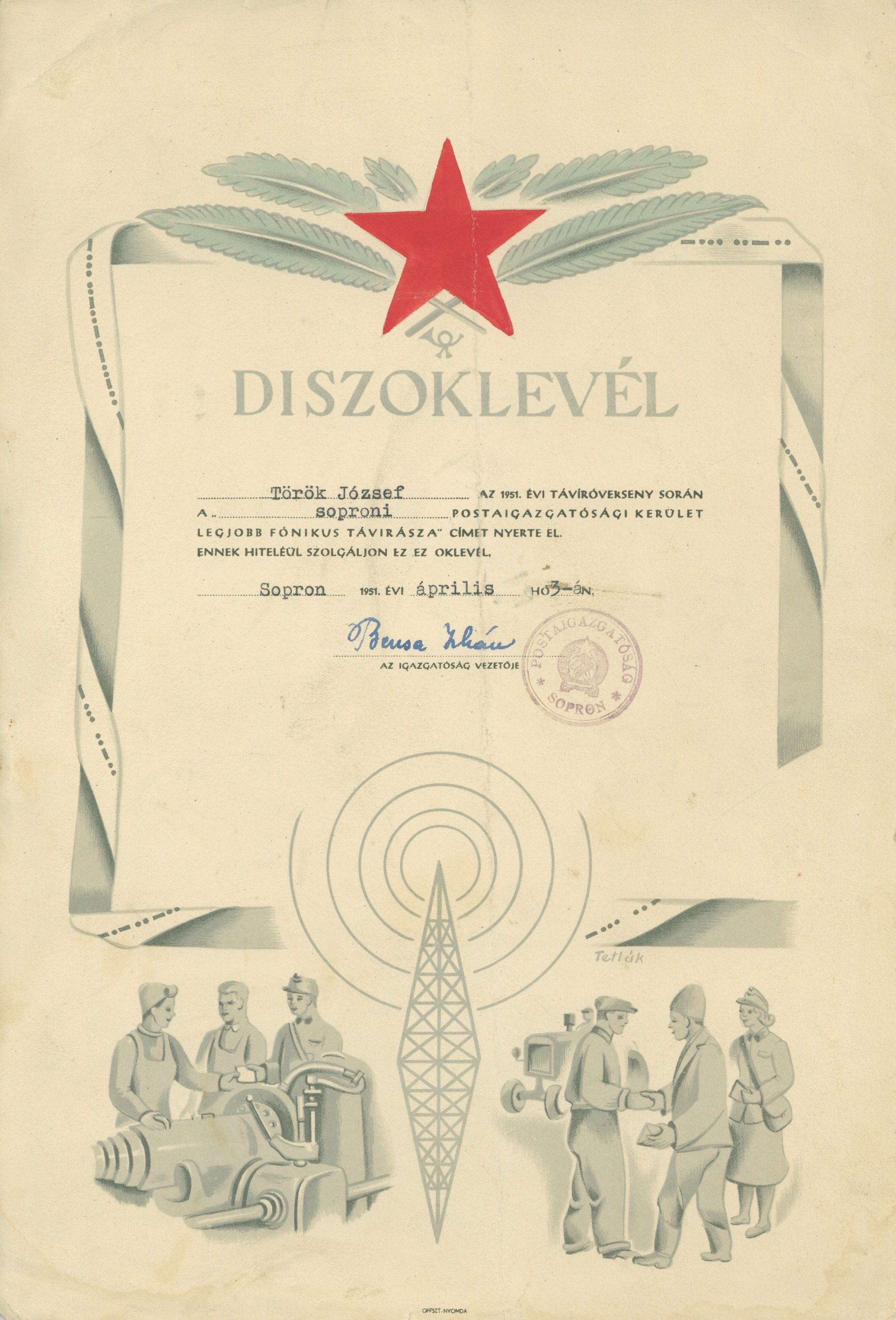 Díszoklevél (Postamúzeum CC BY-NC-SA)