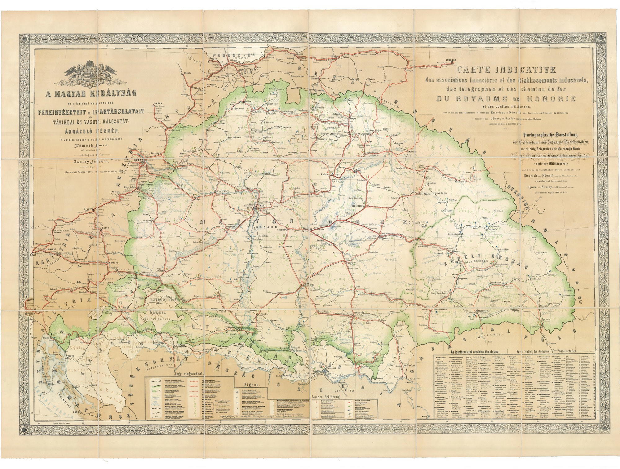 A Magyar Királyság és a határőrvidék pénzintézeteit és ipartársulatait, úgy távírda és vasúti hálózatát ábrázoló térkép (Postamúzeum CC BY-NC-SA)