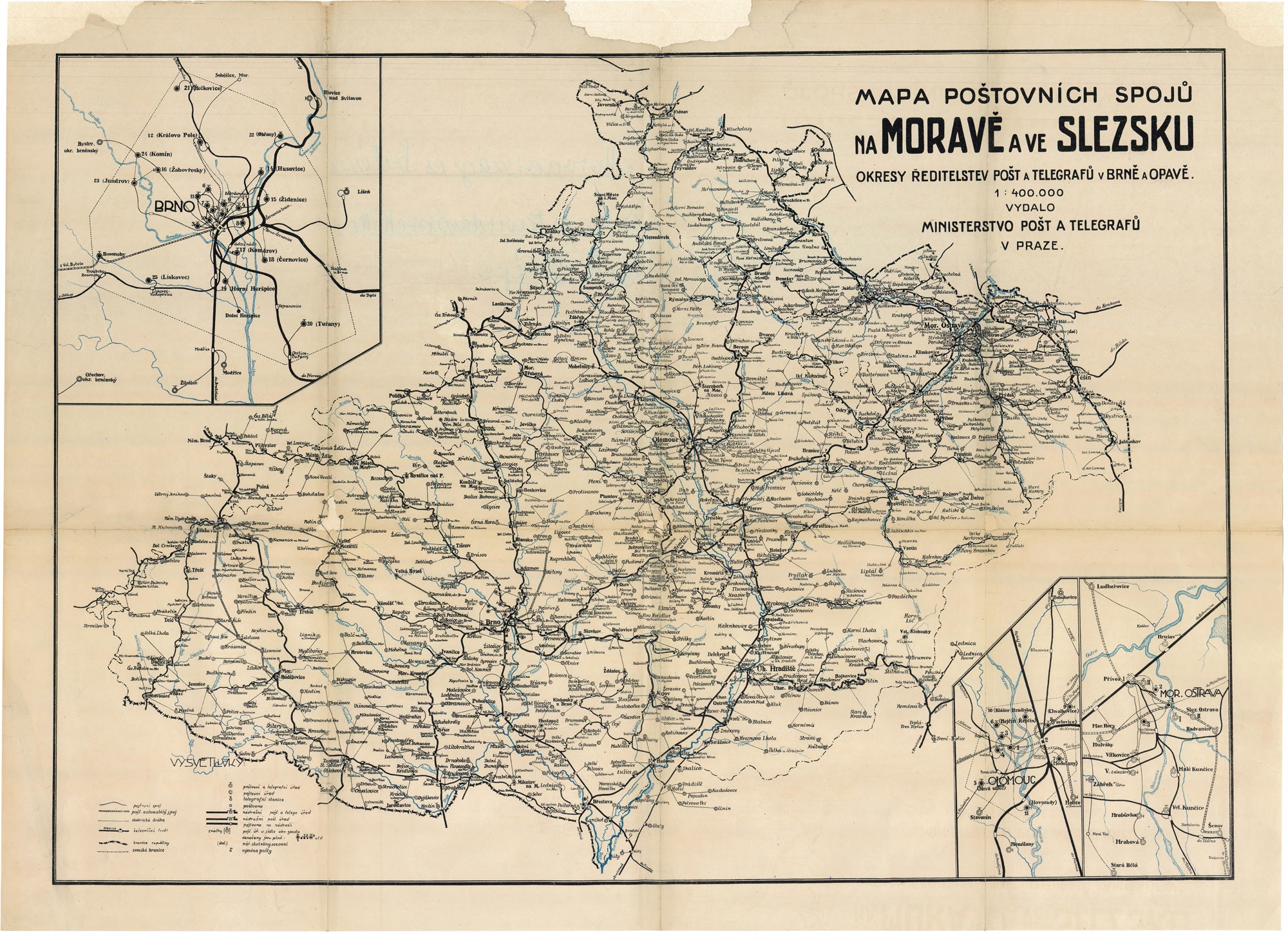 Morvaország és Szilézia postai összeköttetéseinek térképe a brnoi és az opavai posta- és távírdaigazgatóságok szerint (Postamúzeum CC BY-NC-SA)