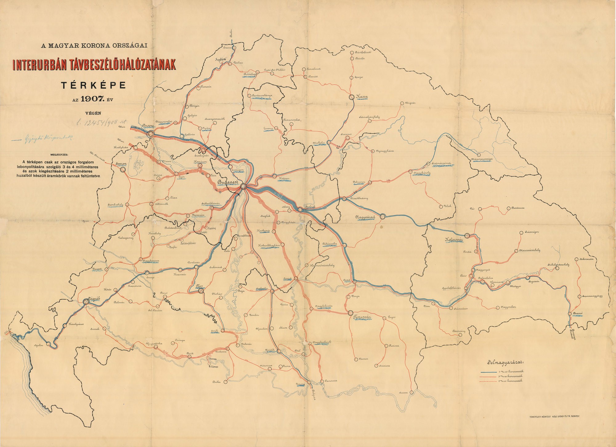 A Magyar Korona országai interurbán távbeszélő-hálózatának térképe az 1907. év végén (Postamúzeum CC BY-NC-SA)
